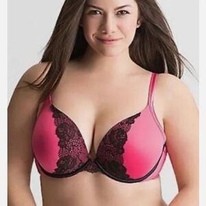 Cacique Pink and Black Lace Plunge Bra